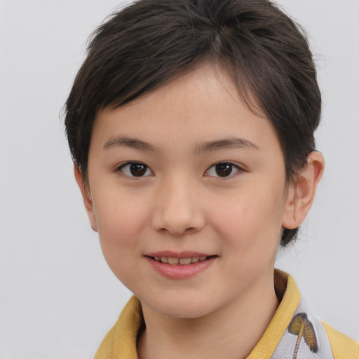 Joyful white child female with medium  brown hair and brown eyes