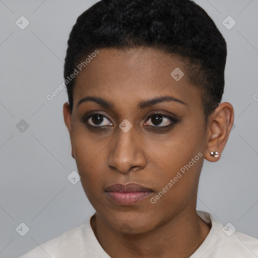 Neutral black young-adult female with short  brown hair and brown eyes