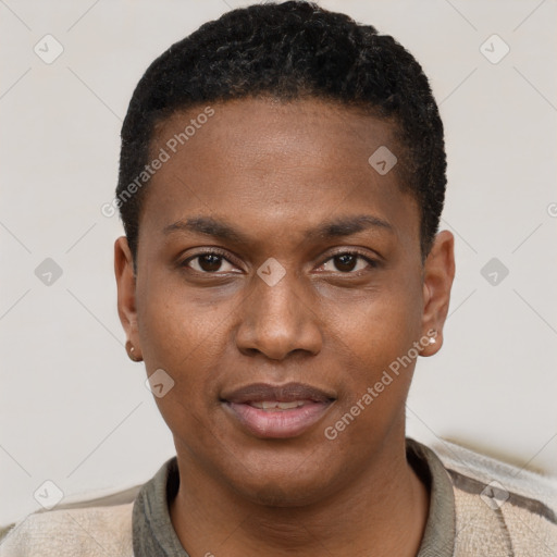 Joyful black young-adult male with short  brown hair and brown eyes