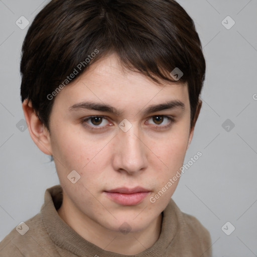 Neutral white young-adult female with short  brown hair and brown eyes