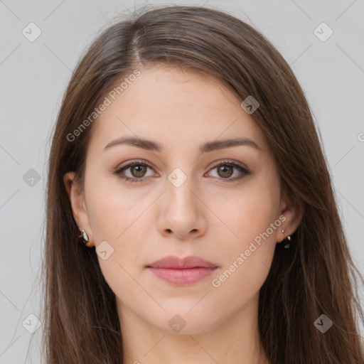 Neutral white young-adult female with long  brown hair and brown eyes