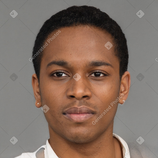 Neutral black young-adult male with short  brown hair and brown eyes