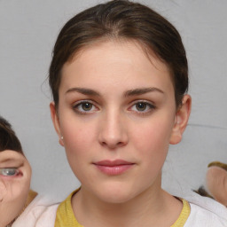 Neutral white young-adult female with medium  brown hair and brown eyes