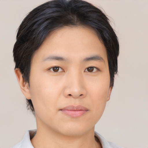 Neutral asian young-adult male with short  brown hair and brown eyes