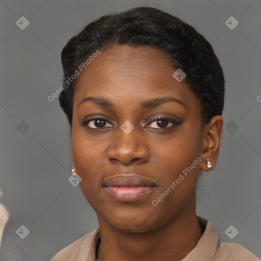 Neutral black young-adult female with short  black hair and brown eyes