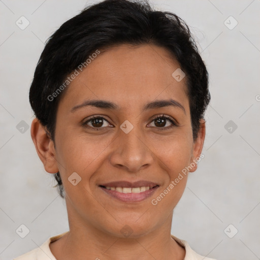 Joyful latino young-adult female with short  brown hair and brown eyes