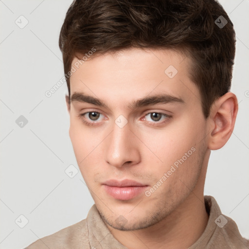 Neutral white young-adult male with short  brown hair and brown eyes