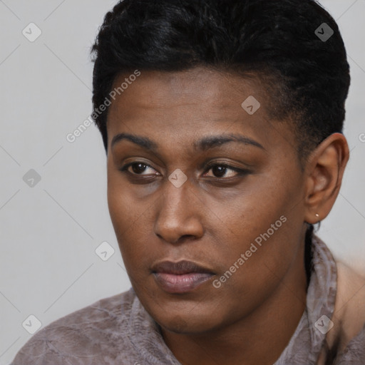 Neutral black young-adult female with short  black hair and brown eyes
