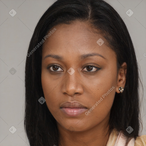 Neutral asian young-adult female with long  brown hair and brown eyes