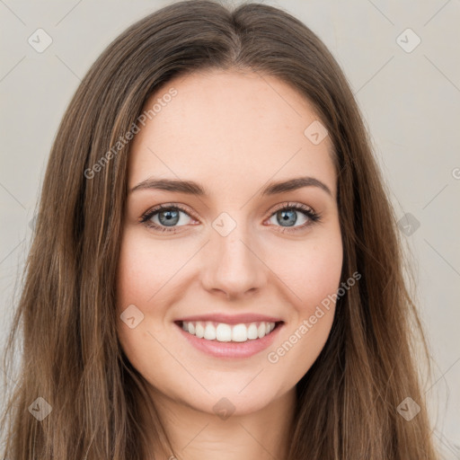 Joyful white young-adult female with long  brown hair and green eyes