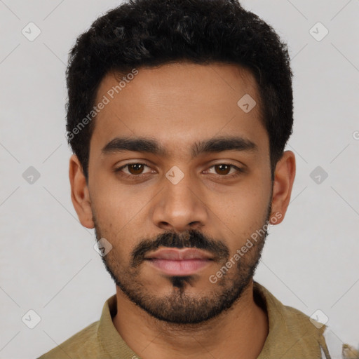 Neutral latino young-adult male with short  black hair and brown eyes