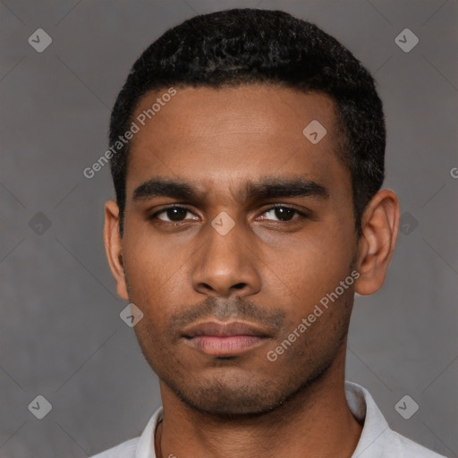 Neutral latino young-adult male with short  black hair and brown eyes