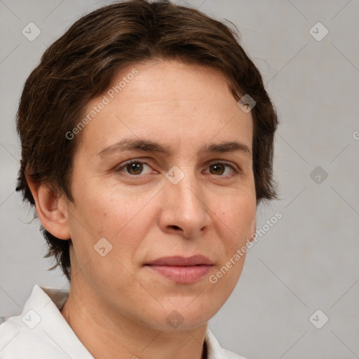 Joyful white adult female with short  brown hair and brown eyes