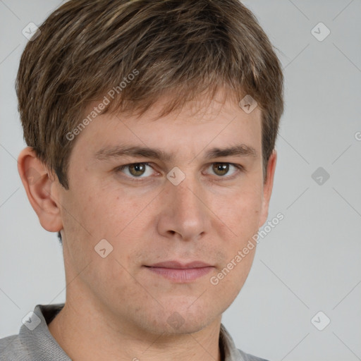 Neutral white young-adult male with short  brown hair and grey eyes