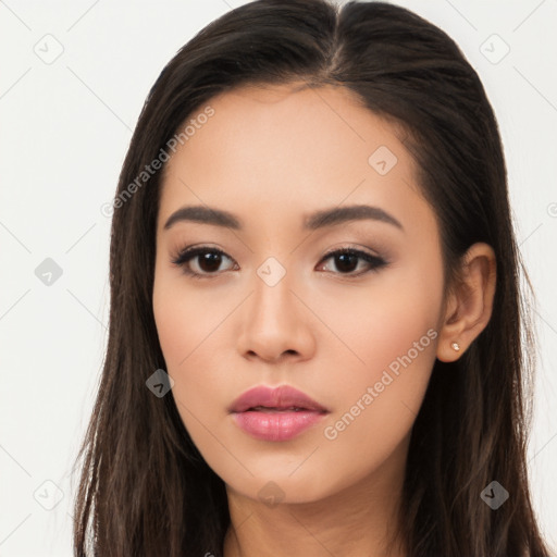 Neutral asian young-adult female with long  brown hair and brown eyes