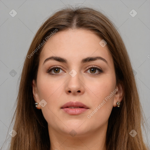 Neutral white young-adult female with long  brown hair and brown eyes