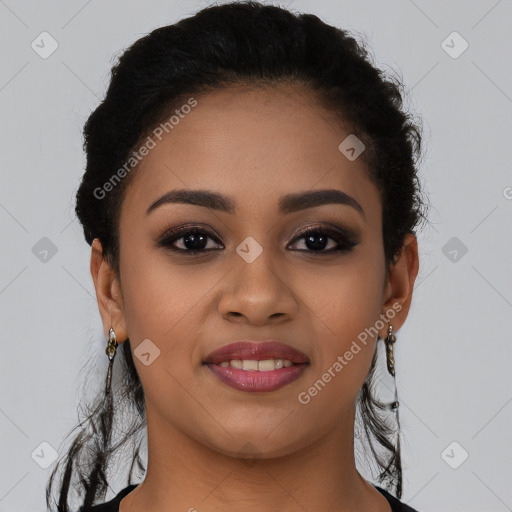 Joyful latino young-adult female with long  brown hair and brown eyes