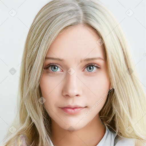 Neutral white young-adult female with long  brown hair and blue eyes