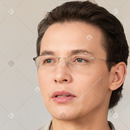 Neutral white young-adult male with short  brown hair and brown eyes