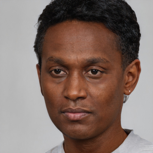 Neutral black adult male with short  black hair and brown eyes