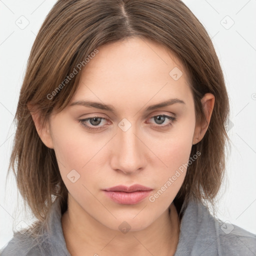 Neutral white young-adult female with medium  brown hair and grey eyes