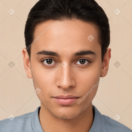 Neutral white young-adult male with short  brown hair and brown eyes