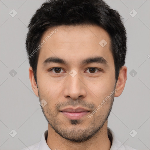 Neutral asian young-adult male with short  black hair and brown eyes