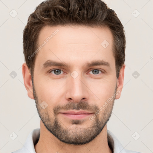 Neutral white young-adult male with short  brown hair and brown eyes