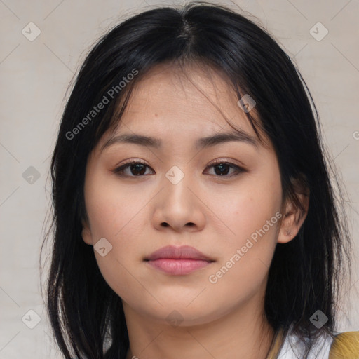 Neutral asian young-adult female with medium  brown hair and brown eyes