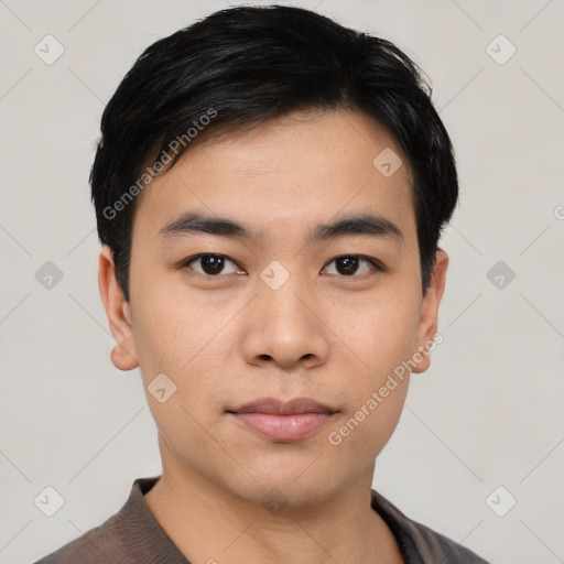 Neutral asian young-adult male with short  black hair and brown eyes