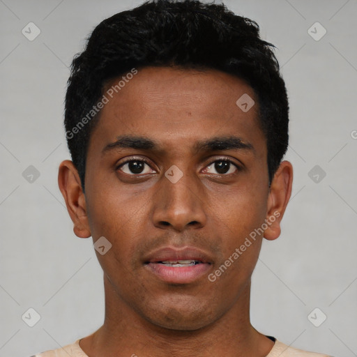 Neutral black young-adult male with short  black hair and brown eyes