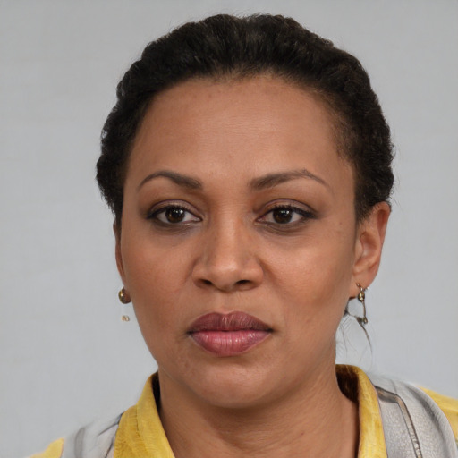 Joyful latino adult female with short  brown hair and brown eyes