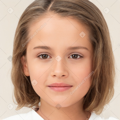 Joyful white child female with medium  brown hair and brown eyes