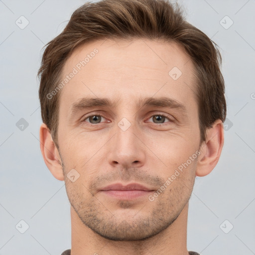 Neutral white young-adult male with short  brown hair and grey eyes