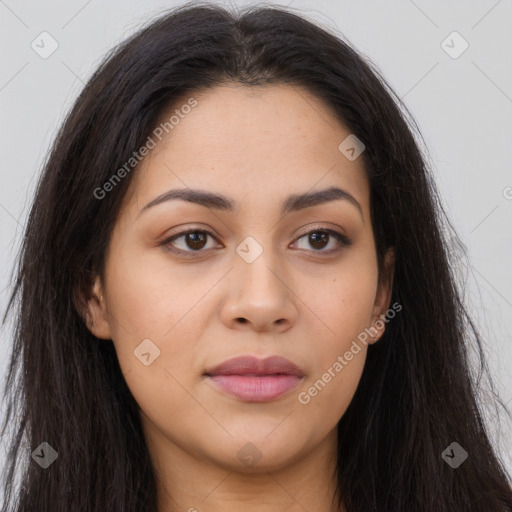 Joyful latino young-adult female with long  brown hair and brown eyes