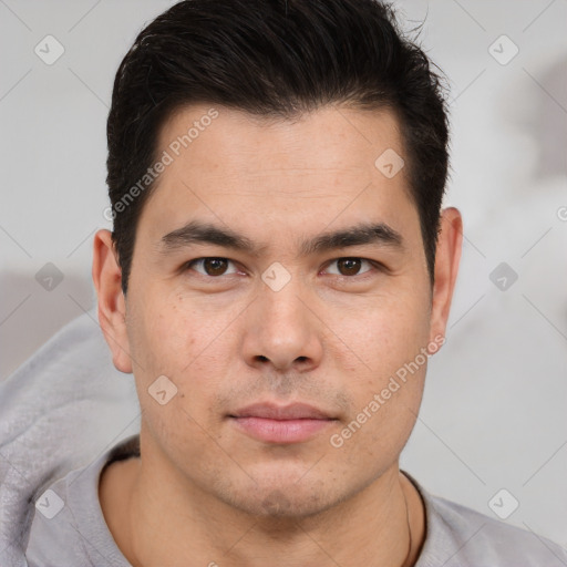 Neutral asian young-adult male with short  brown hair and brown eyes