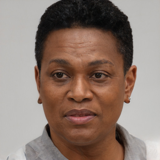 Joyful black adult female with short  black hair and brown eyes