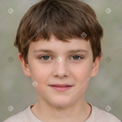 Joyful white child male with short  brown hair and brown eyes