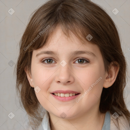 Joyful white child female with medium  brown hair and brown eyes