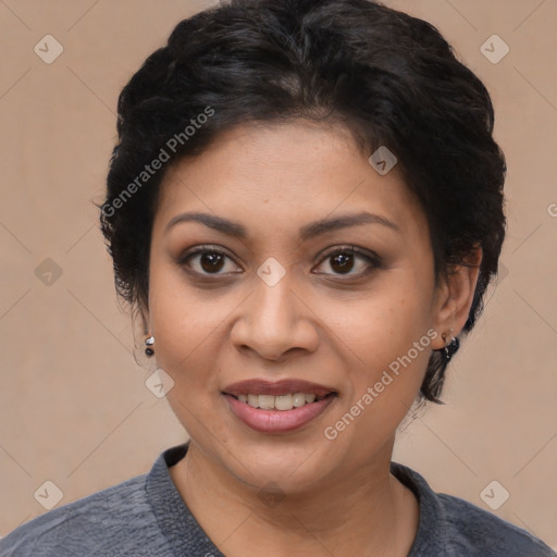 Joyful latino young-adult female with medium  black hair and brown eyes