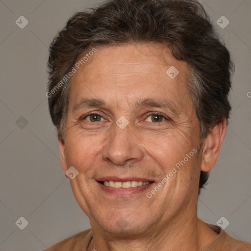 Joyful white middle-aged male with short  brown hair and brown eyes