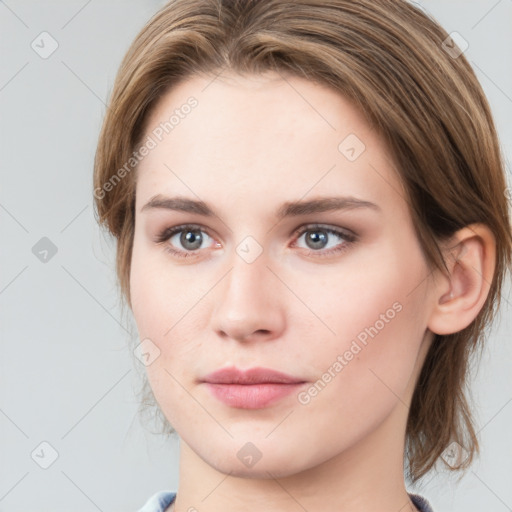 Neutral white young-adult female with medium  brown hair and grey eyes