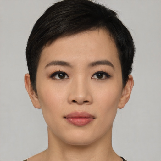 Neutral asian young-adult female with short  black hair and brown eyes