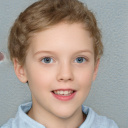 Joyful white child female with short  brown hair and blue eyes