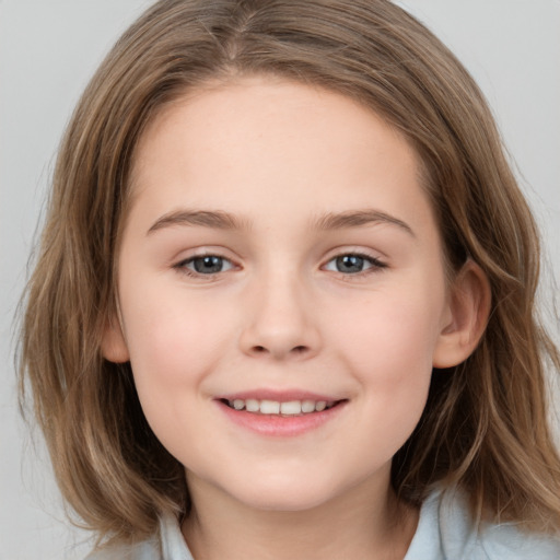 Joyful white child female with medium  brown hair and brown eyes