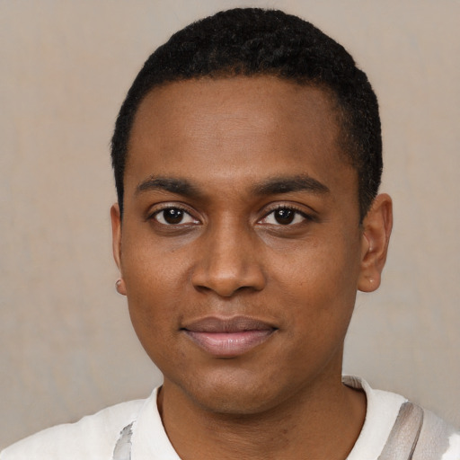 Neutral black young-adult male with short  black hair and brown eyes