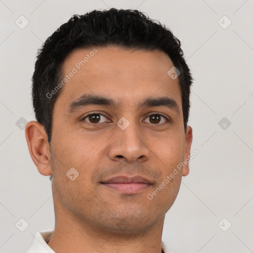 Neutral latino young-adult male with short  black hair and brown eyes