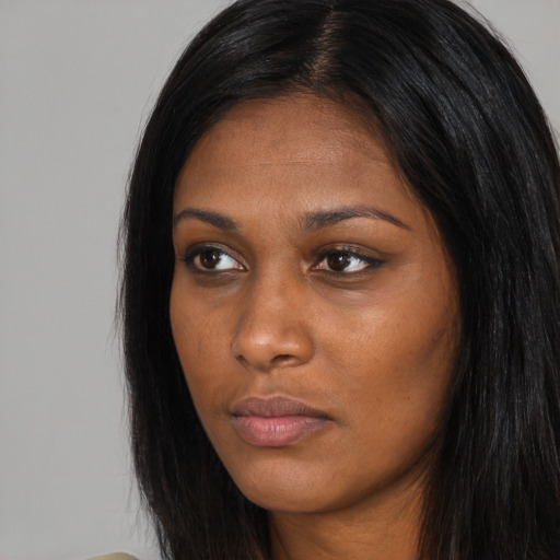Neutral asian young-adult female with long  brown hair and brown eyes