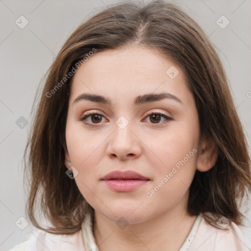 Neutral white young-adult female with medium  brown hair and brown eyes