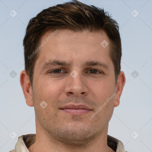 Neutral white young-adult male with short  brown hair and brown eyes
